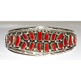 Navajo Mediterranean Coral Cuff Cluster Bracelet Sterling Silver Signed