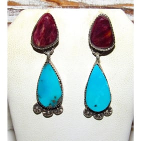 Navajo Purple Spiny Kingman Turquoise Dangle Earrings Sterling Native American