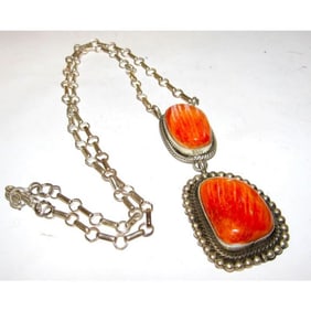 Navajo Orange Spiny Bar Dangle Necklace Sterling Silver Native American Signed