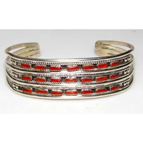 Zuni Coral Needlepoint Cuff Bracelet Sterling Silver Connie Hattie
