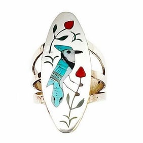Zuni Inlay Blue Jay Bird Ring Size 6 Sammy & Esther Guardian Sterling Silver