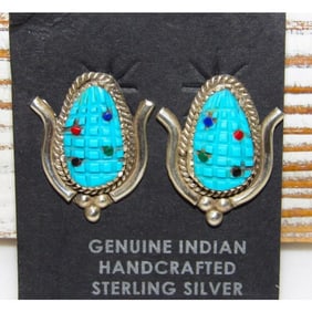 Zuni Corn Post Earrings Turquoise Sterling Silver Signed