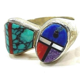 Vintage Navajo Inlay Ring Sz 6.5 Sterling Turquoise Coral Lapis Elgin Hoskie