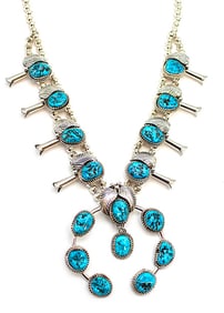 Navajo Kingman Turquoise Squash Blossom Necklace Sterling Siver