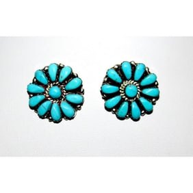 Navajo Turquoise Cluster Earrings Sterling Silver Becenti 1"