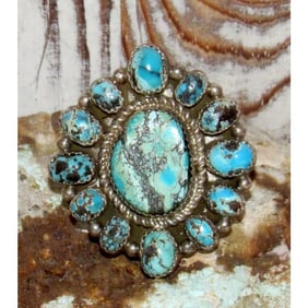 Navajo White Water Turquoise Cluster Ring Sz 10 Sterling Silver