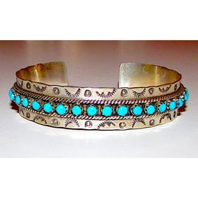 VTG Zuni Snake Eye Turquoise Ingot Sterling Cuff Bracelet Native American