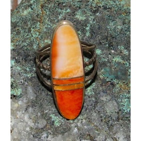 Navajo Orange Spiny Inlay Ring Sz 8 Sterling Silver E. Yazzie