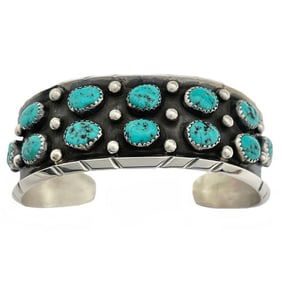 Navajo Kingman Turquoise Cuff Cluster Bracelet Sterling Silver Signed