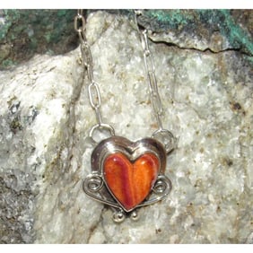 Navajo Orange Spiny Heart Bar Necklace Sterling Silver Native American