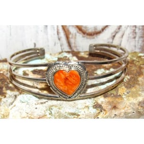 Navajo Orange Spiny Heart Bracelet Stacker Sterling Silver Cuff P. Skeets