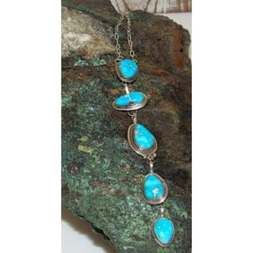 Navajo Blue Royston Turquoise Lariat Necklace Sterling Silver K. Pino