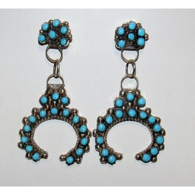 VTG Zuni Snake Eye Turquoise Naja Dangle Earrings Sterling Silver