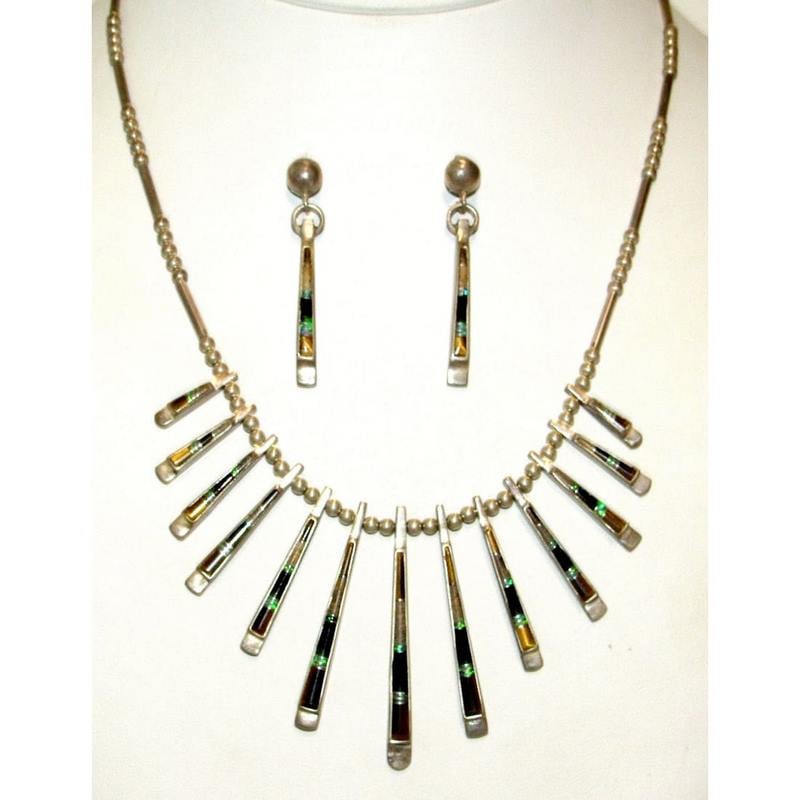 Old Pawn Zuni Opal Onyx Tiger Eyel Necklace & Earrings Set Sterling (1 of 5)