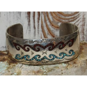 VTG Navajo Sterling Silver Turquoise Coral Chip Inlay Statement Bracelet J Yazzie