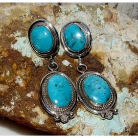 Navajo Kingman Turquoise Dangle Earrings Sterling Silver R. Martinez