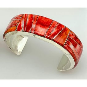 Massive Navajo Red Orange Spiny Inlay Cuff Bracelet Sterling R. Brown