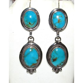 Navajo Kingman Turquoise Dangle Earrings Sterling Silver R. Martinez