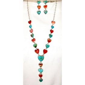 Navajo Turquoise Spiny Heart Lariat Necklace Earrings Set Sterling Silver H. Begay