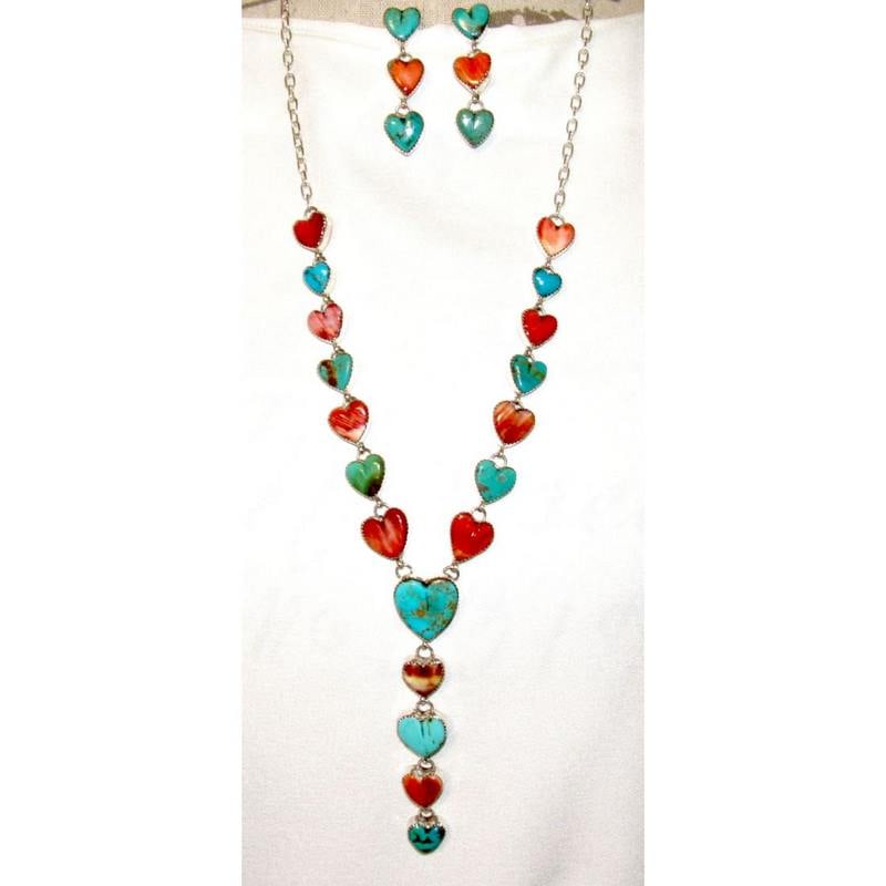 Navajo Turquoise Spiny Heart Lariat Necklace Earrings Set Sterling Silver H. Begay (1 of 10)
