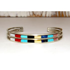 Zuni Turquoise Multi Stone Inlay Stacker Cuff Bracelet Sterling A. Wallace