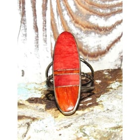 Navajo Red & Orange Spiny Inlay Ring Sz 8 Sterling Silver E. Yazzie