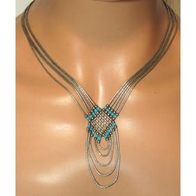 VTG Navajo Liquid Silver Turquoise Necklace Sterling Silver Native American