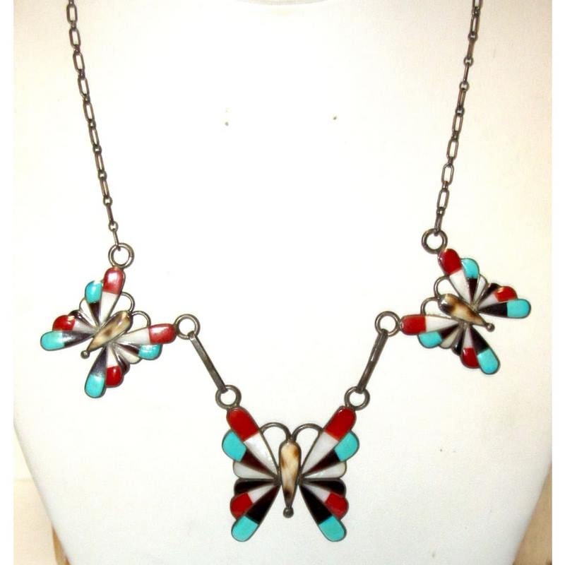 Old Pawn Zuni Inlay Butterfly Necklace Turquoise Coral Inlay Vintage (1 of 6)