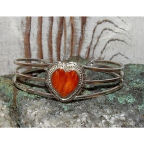 Navajo Orange Spiny Heart Bracelet Stacker Sterling Silver Cuff G. Jones
