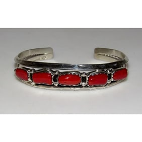 Signed Navajo Mediterranean Coral Cuff Bracelet Sterling Silver Native American