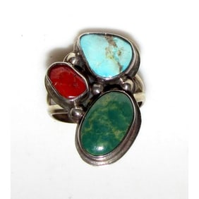 Navajo Cactus Ring Sz 9 Sterling Silver Royston Turquoise Mediterranean Coral