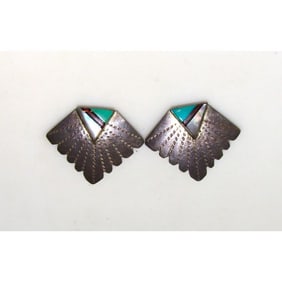 VTG Navajo Turquoise Concho Clip On Earrings Sterling Silver Old Pawn