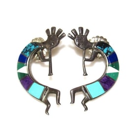 Vintage Navajo Stud Earrings Kokopelli Turquoise Inlay Signed