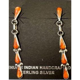 Zuni Orange Spiny Oyster Sterling Silver Dangle Statement Earrings A. Gasper