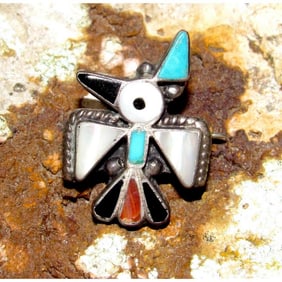 Old Pawn Zuni Thunderbird Pin Brooch Inlay Sterling Turquoise Vintage Native