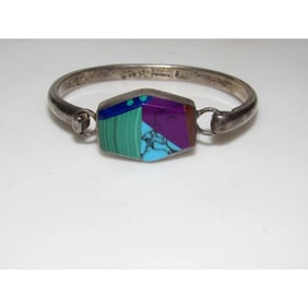 VTG Taxco Mexico Inlay Bangle Bracelet Sterling Silver Southwestern Silver