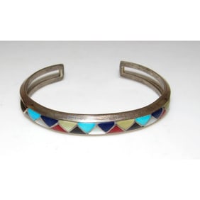 VTG Zuni Inlay Turquoise Coral Inlay Bracelet Sterling Native American