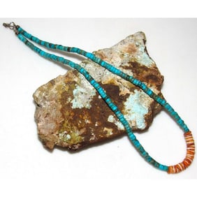 Navajo Rolled Shell Orange Spiny & Turquoise Heishi Choker Necklace