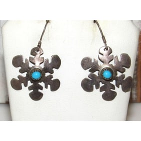 VTG Zuni Snowflake Dangle Earrings Turquoise Sterling Silver