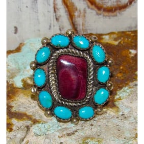 Navajo Cluster Ring Sz 8 Purple Spiny Oyster Kingman Turquoise Sterling Silver