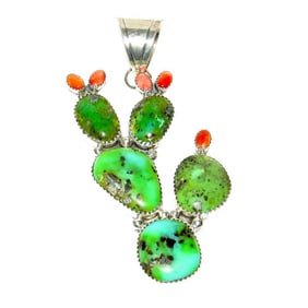 Navajo Prickly Pear Cactus Pendant Sterling Silver Turquoise Orange Spiny Oyster