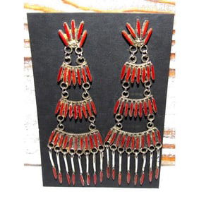 VTG Zuni Needlepoint Coral Dangle Statement Earrings Sterling Silver 4"