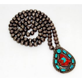 Old Pawn Navajo Necklace Sterling Gem Kingman Turquoise Navajo Pearls Necklace