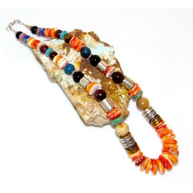 Navajo Tommy Singer Orange Spiny Heishi Necklace Sterling Silver 12K Gold 20"