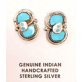 Zuni Snake Post Stud Earrings Effie Calavaza Sleeping Beauty Turquoise Sterling