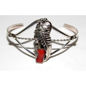 Navajo Mediterranean Coral Cuff Bracelet Sterling Silver Native American