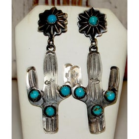 Navajo Saguaro Cactus Earrings Sterling Silver Turquoise Concho Earrings