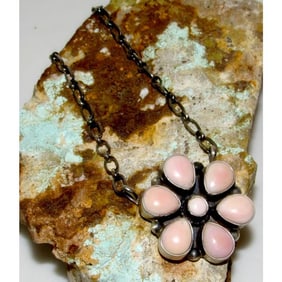 Navajo Pink Conch Cluster Bar Necklace Sterling Silver B. Lee