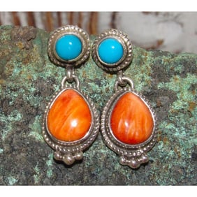Navajo Orange Spiny Turquoise Earrings  M. James