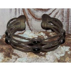 VTG Taxco Mexico Onyx Cuff Bracelet Sterling Silver Eagle Mark